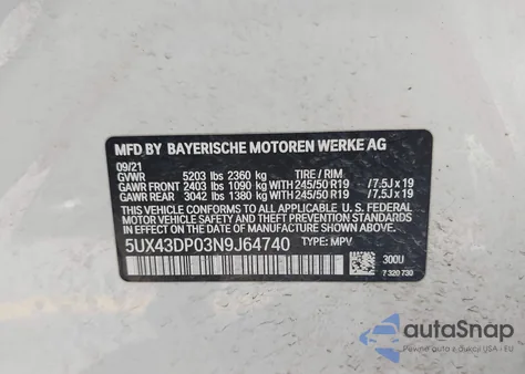 2022 BMW X3 Sdrive30I из США, поврежденный, VIN 5UX43DP03N9J64740